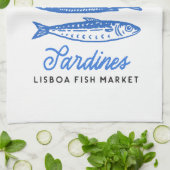 Handgetekende blauwe sardines theedoek (Gevouwen)