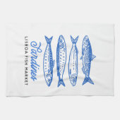 Handgetekende blauwe sardines theedoek (Horizontaal)