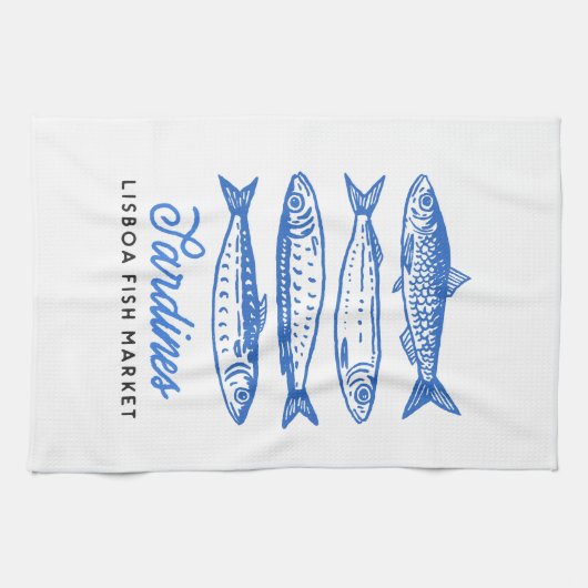 Handgetekende blauwe sardines theedoek (Horizontaal)