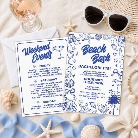 Handgetekende Blauwe Strandfeest Bruidsweekend Kaart