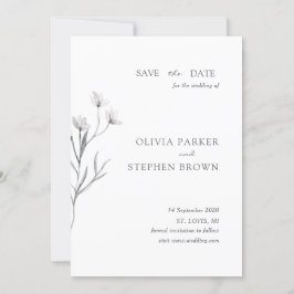 Handgetekende bloem. Eenvoudige moderne witte brui Save The Date