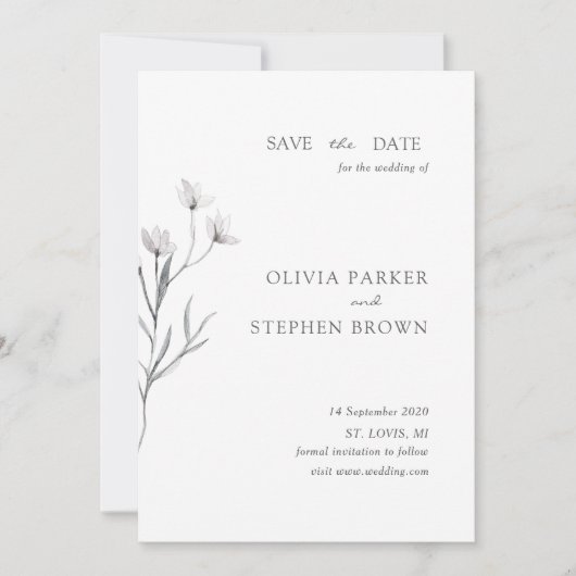 Handgetekende bloem. Eenvoudige moderne witte brui Save The Date (Voorkant)