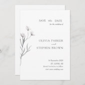 Handgetekende bloem. Eenvoudige moderne witte brui Save The Date (Voorkant / Achterkant)