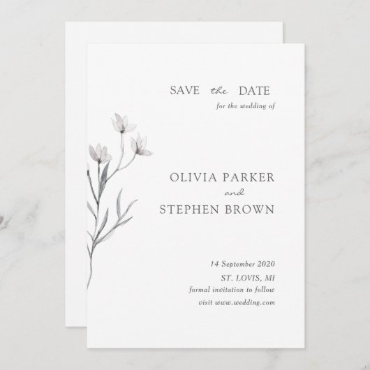 Handgetekende bloem. Eenvoudige moderne witte brui Save The Date (Voorkant / Achterkant)