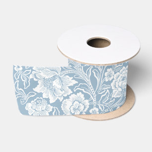Handgetekende bloemen, Blauw Grijs Wit Botanische  Satijnen Lint