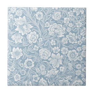 Handgetekende bloemen, Blauw Grijs Wit Botanische  Tegeltje