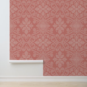 Handgetekende Bloemen Damast Line Art, Terracotta Behang