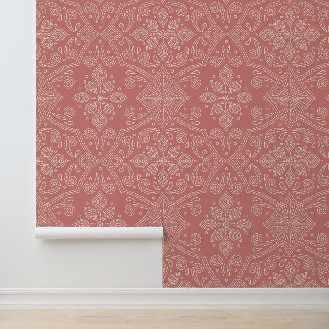 Handgetekende Bloemen Damast Line Art, Terracotta Behang (Applicatie)
