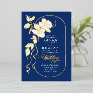 Handgetekende bloemen Elegante Navy Blue Wedding Folie Uitnodiging