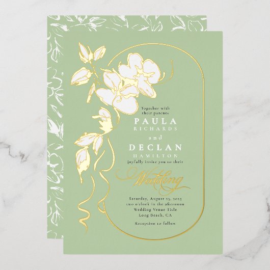 Handgetekende Bloemen Elegante Sage Green Wedding Folie Uitnodiging (Voorkant / Achterkant)
