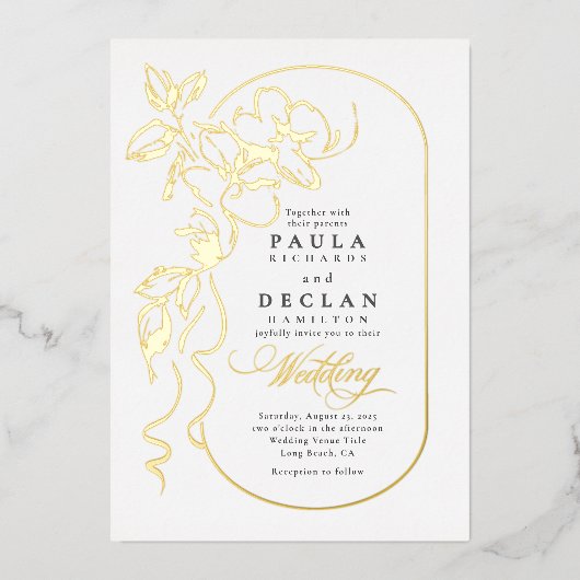 Handgetekende bloemen Elegante witte bruiloft Folie Uitnodiging (Voorkant)