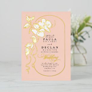 Handgetekende bloemen Elegante zachte perzik bruil Folie Uitnodiging