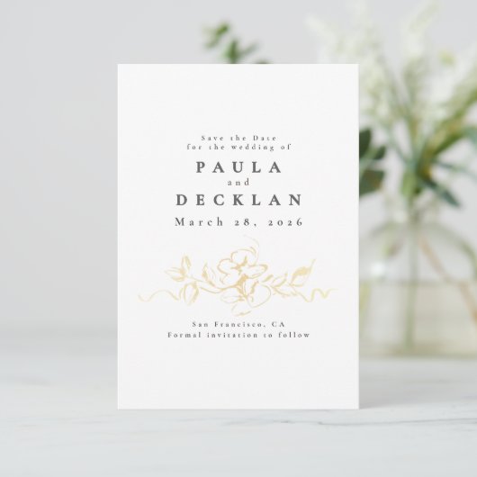 Handgetekende Bloemen Goud en Wit Save the Date (Staand voorkant)