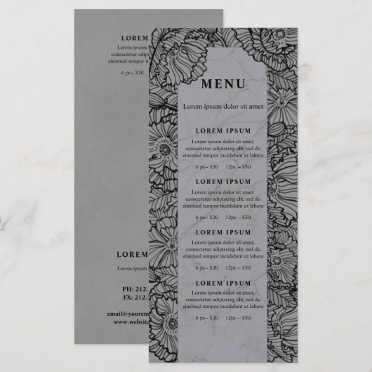 handgetekende bloemen, grijze bloemmenu of prijsli menu (Voorkant / Achterkant)