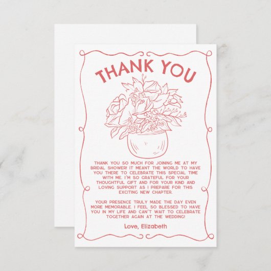 Handgetekende Bloemen Lijst Koraal Rood Bedankkaar Kaart (Voorkant / Achterkant)