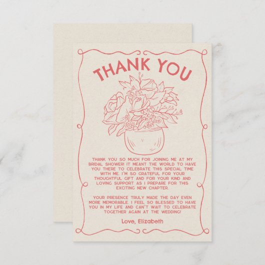 Handgetekende Bloemen Lijst Koraal Rood Bedankkaar Kaart (Voorkant / Achterkant)
