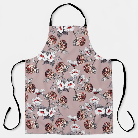 Handgetekende bloemetjes, roze waterverf. schort (Voorkant)