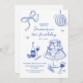 Handgetekende Blue Disco Ball & Cake Trendy Verjaa Kaart (Voorkant / Achterkant)