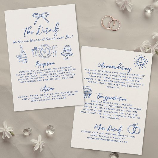 Handgetekende Blue Wedding Details Informatiekaartje