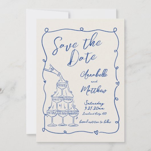Handgetekende  Blue Wedding Save The Date (Voorkant)