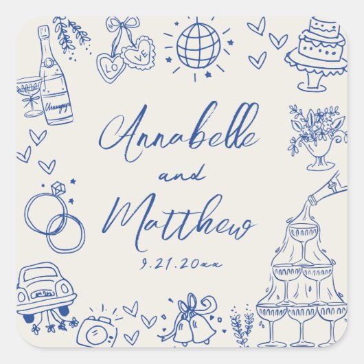 Handgetekende Blue Wedding Vierkante Sticker (Voorkant)
