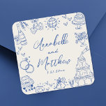 Handgetekende  Blue Wedding Vierkante Sticker<br><div class="desc">Gepersonaliseerde handgetekende eigenzinnige blauwe trouwstickers. Deze leuke en speelse vierkante trouwstickers zijn voorzien van eigenzinnige doodle-illustraties rondom het ontwerp, allemaal in een levendig blauw thema met een gebroken witte achtergrond. Elementen zoals een champagnetoren, bruidstaart, discobal, harten, trouwbellen, ringen, camera's en meer creëer hebben een grillige en feestelijke sfeer. De namen...</div>