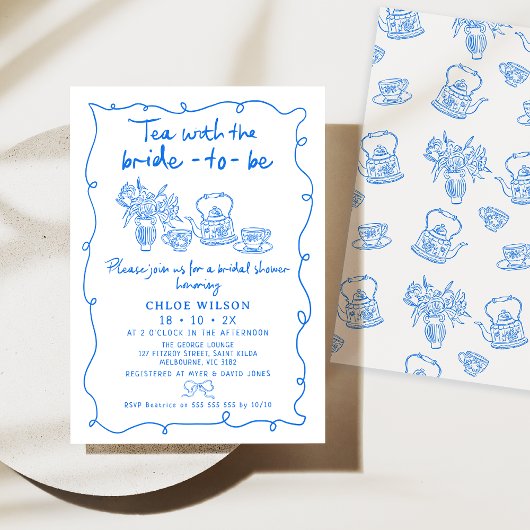 Handgetekende Blue Whimsical Tea Vrijgezellenfeest Kaart