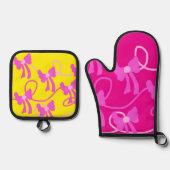 Handgetekende Bogen Roze Gele Lovers Ovenwant & Pannenlap Set (Voorkant)
