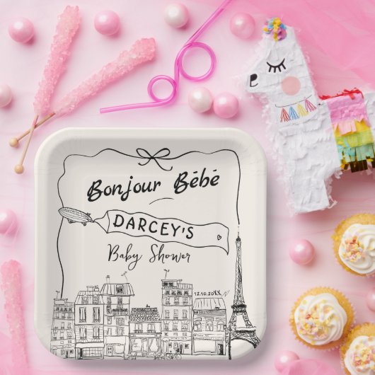 Handgetekende Bonjour Bebe Frans Baby shower Papieren Bordje (Feest)