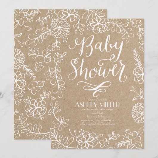 Handgetekende Botanicals Rustieke Kraft | Baby Sho Kaart (Voorkant / Achterkant)