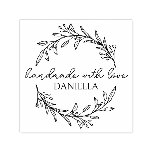 Handgetekende botanische handgemaakt met liefde op zelfinktende stempel (Design)