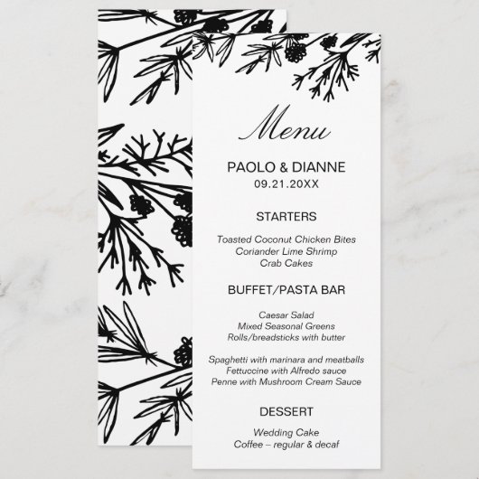 Handgetekende Botanische Leaves Menu Kaart (Voorkant / Achterkant)