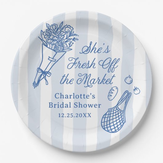 Handgetekende Bruiloftsfeest 'Fresh Off the Market Papieren Bordje (Voorkant)