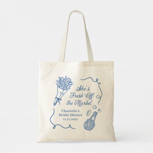 Handgetekende Bruiloftsfeest 'Fresh Off the Market Tote Bag (Achterkant)