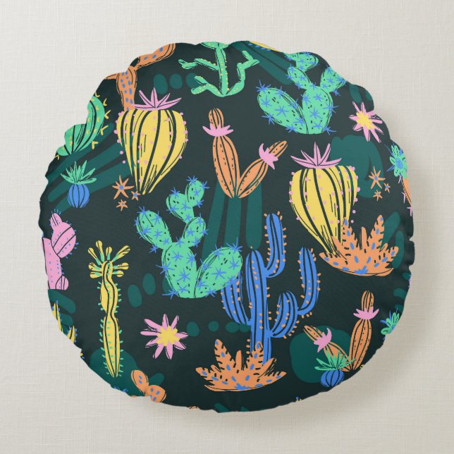 Handgetekende cactus: Scandinavisch naadloos. Rond Kussen (Voorkant)