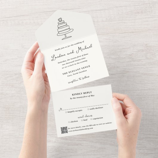 Handgetekende Cake Doodle QR Code Moderne Bruiloft All In One Uitnodiging (Afscheurbaar)