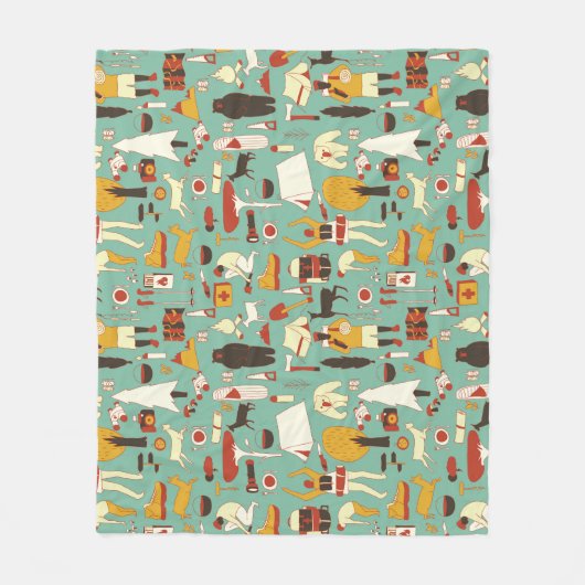 Handgetekende camping, retro naadloos patroon. fleece deken (Voorkant)