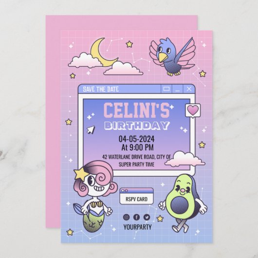 Handgetekende cartoon-uitnodiging voor uw kind kaart (Voorkant / Achterkant)