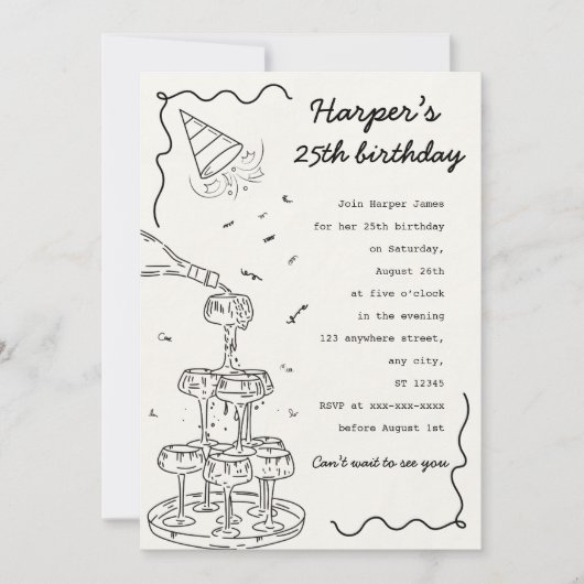 Handgetekende champagnetoren verjaardag kaart (Voorkant)