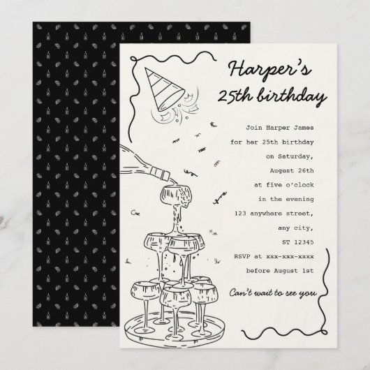 Handgetekende champagnetoren verjaardag kaart (Voorkant / Achterkant)