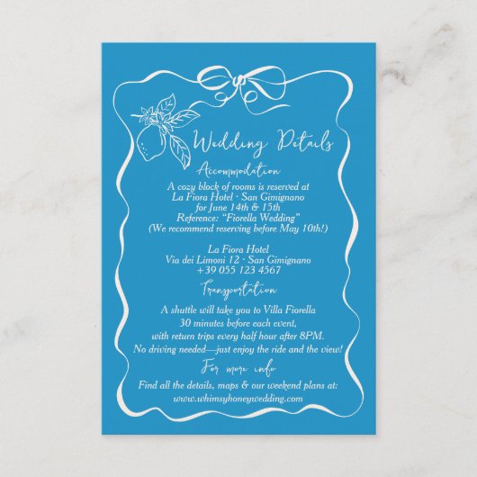 Handgetekende citroen huwelijksdetails richting informatiekaartje (Voorkant)