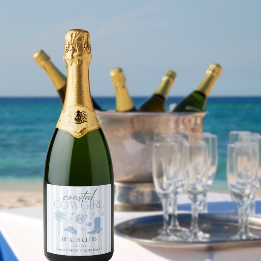 Handgetekende Cowgirl Beach Club Bachelorette Sparkling Wijnetiket