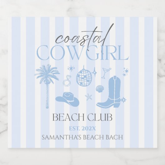 Handgetekende Cowgirl Beach Club Bachelorette Sparkling Wijnetiket (Enkel label)