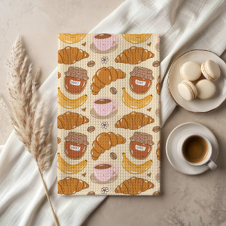 Handgetekende croissant, koffie en ontbijtpatroon theedoek