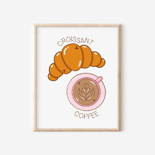 Handgetekende croissant & koffie keuken kunst poster