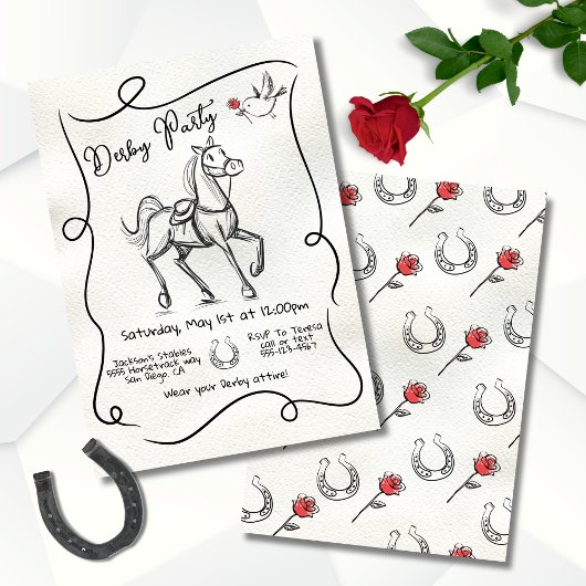 Handgetekende Derby Racehorse Modern Doodle party Kaart