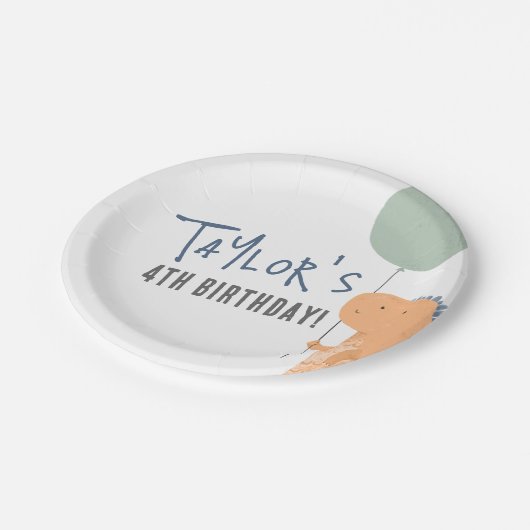 Handgetekende Dinosaurus & Balloon Jongen Verjaard Papieren Bordje (Gekanteld)