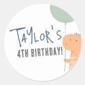 Handgetekende Dinosaurus & Balloon Jongen Verjaard Ronde Sticker (Voorkant)