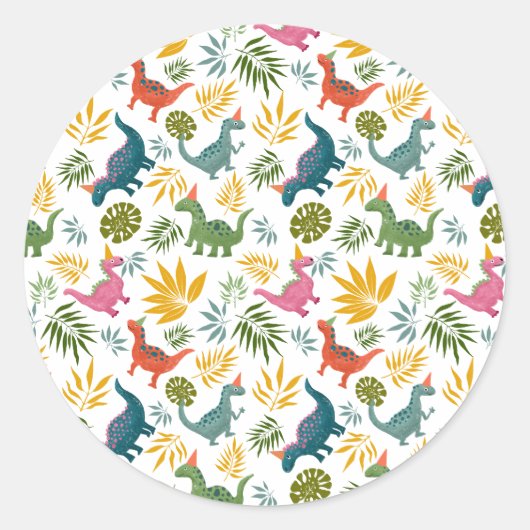 Handgetekende Dinosaurus Kind's Verjaardagsfeest Ronde Sticker (Voorkant)