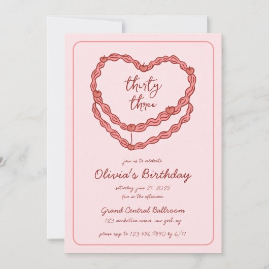 Handgetekende doedel  taart roze rode verjaardag kaart (Voorkant)